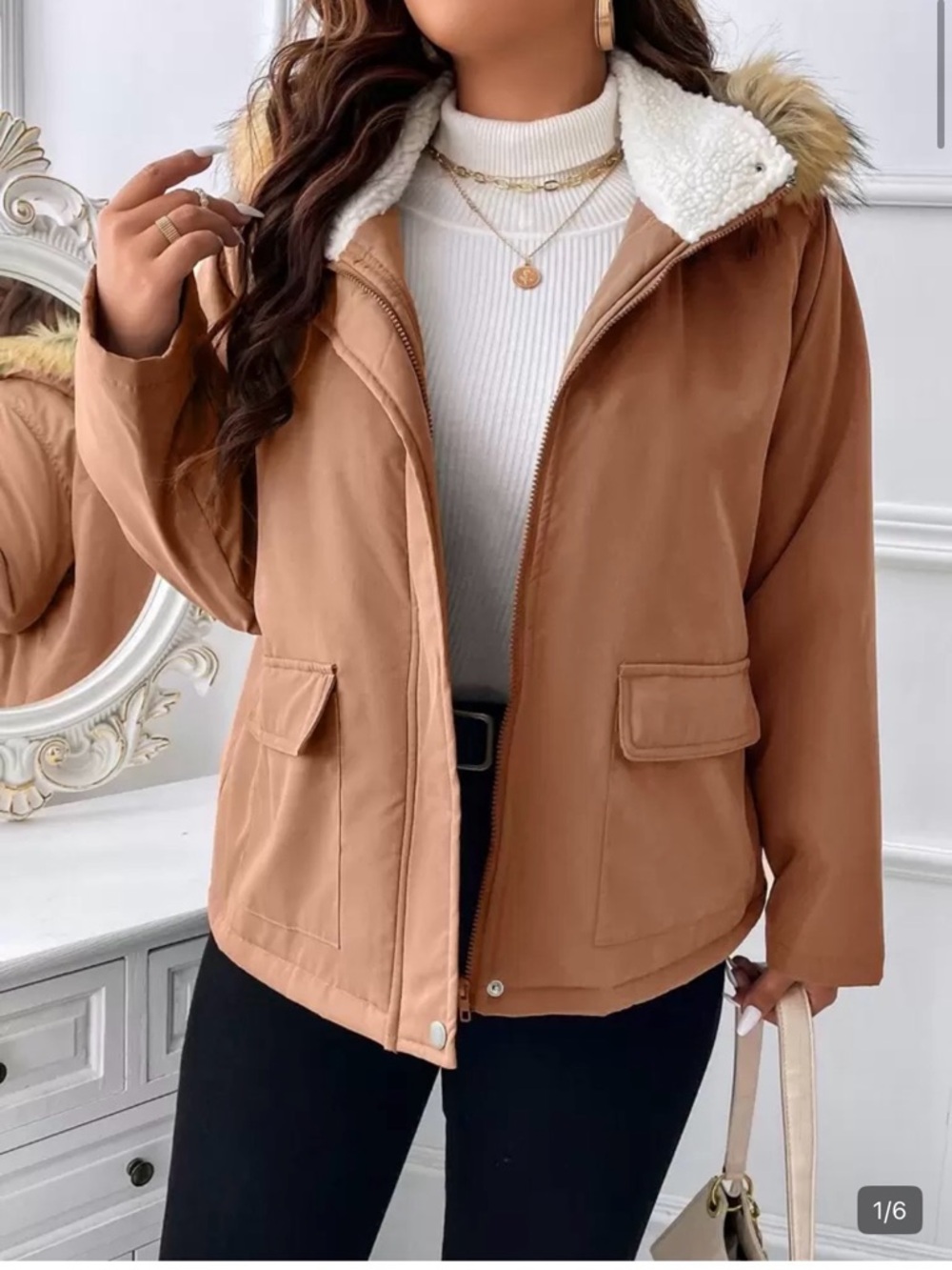 SHEIN Camel Faux-Sherpa Hooded Puffer Jacket